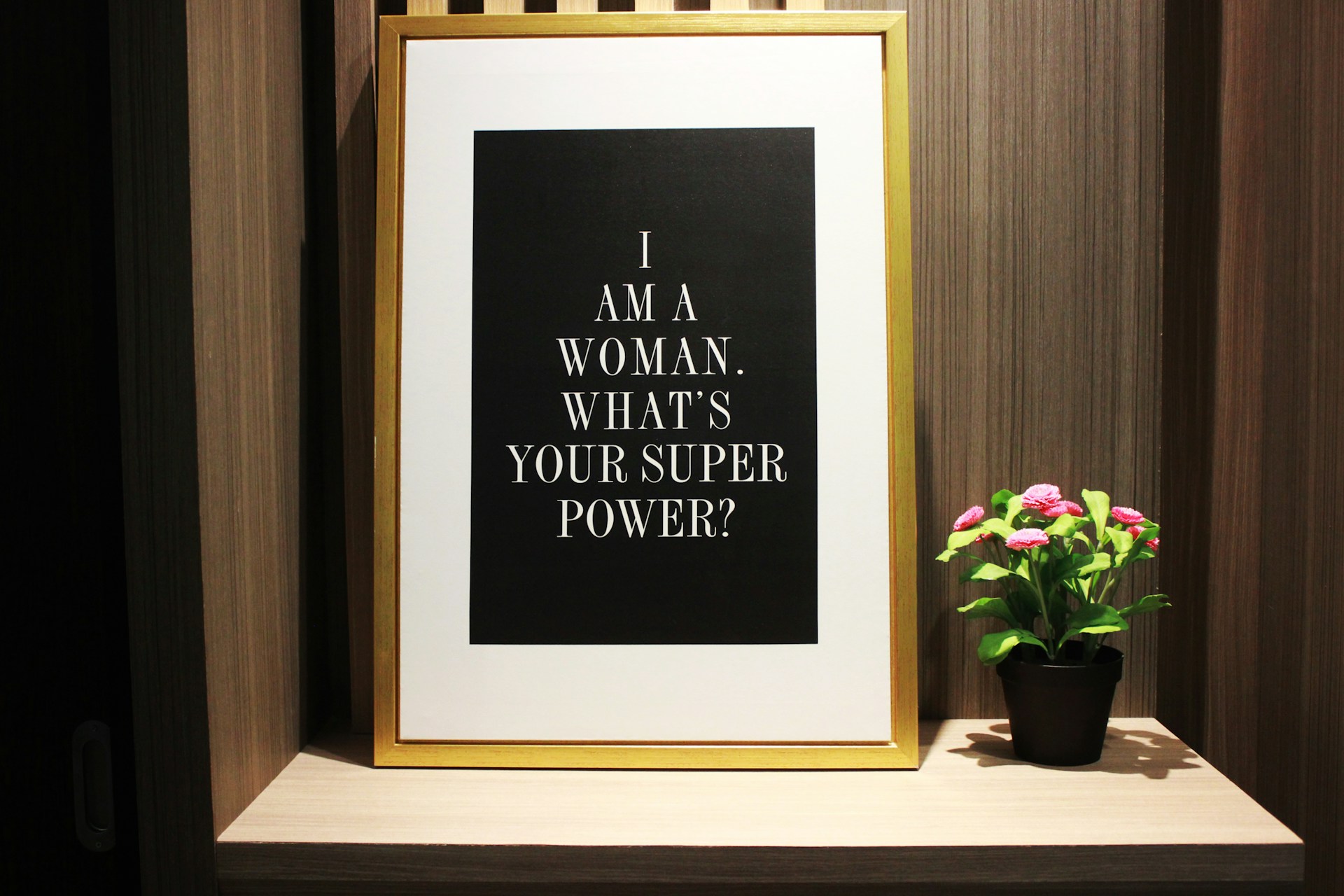 "I am a woman. What are your super powers?" sign in a gold frame sitting in an alcove with a plant beside it